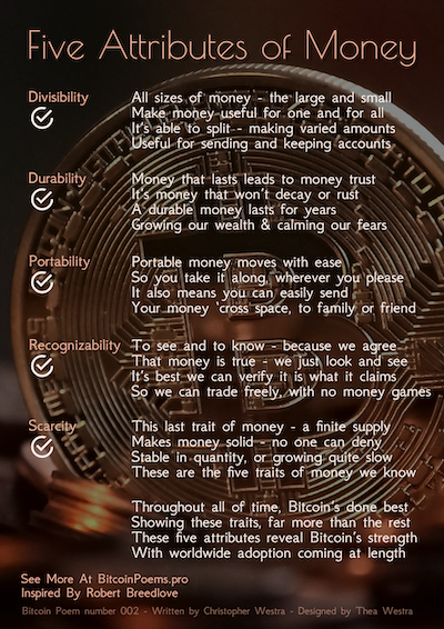 Bitcoin Poem 002 - Five Attributes of Money, by Christopher Westra